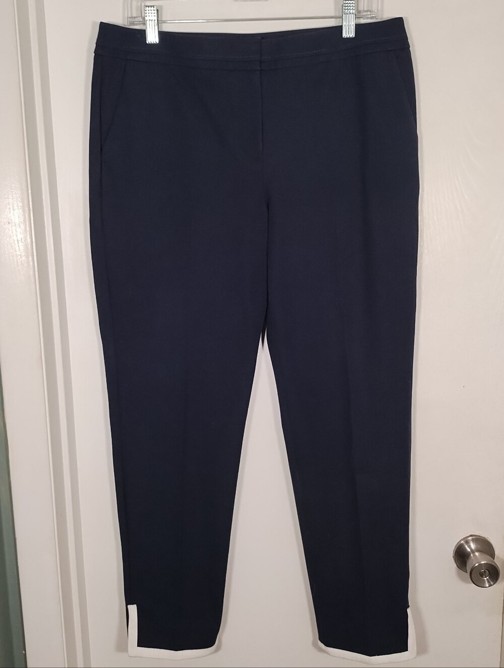Talbots Ankle Crop Pants 10 Navy Blue White Stretch High Rise Nautical Coastal
